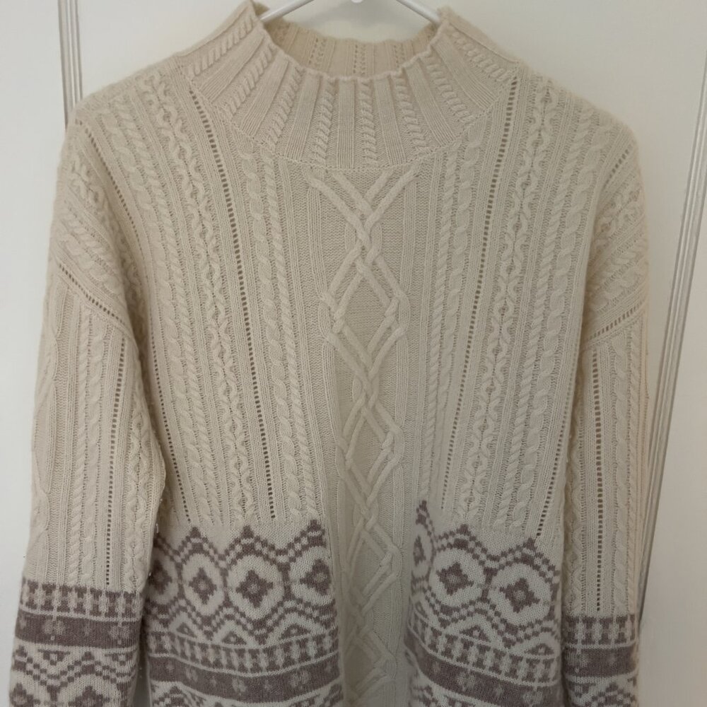 Orvis Cream Cable Knit Cowl Sweater with Taupe Fair Isle Trim